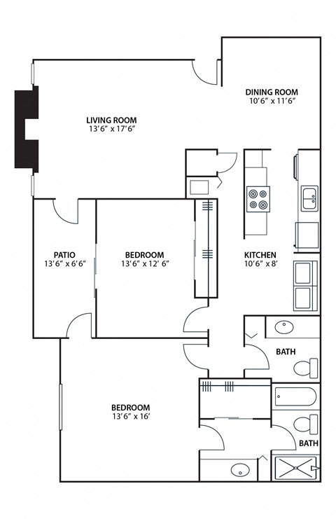 Floor plan for 2 beds, 2 baths, 1310 sqft